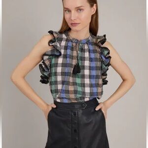 Munthe Ruffled Plaid Sleeveless Blouse Tassel Tie Womens Size 38 (M)